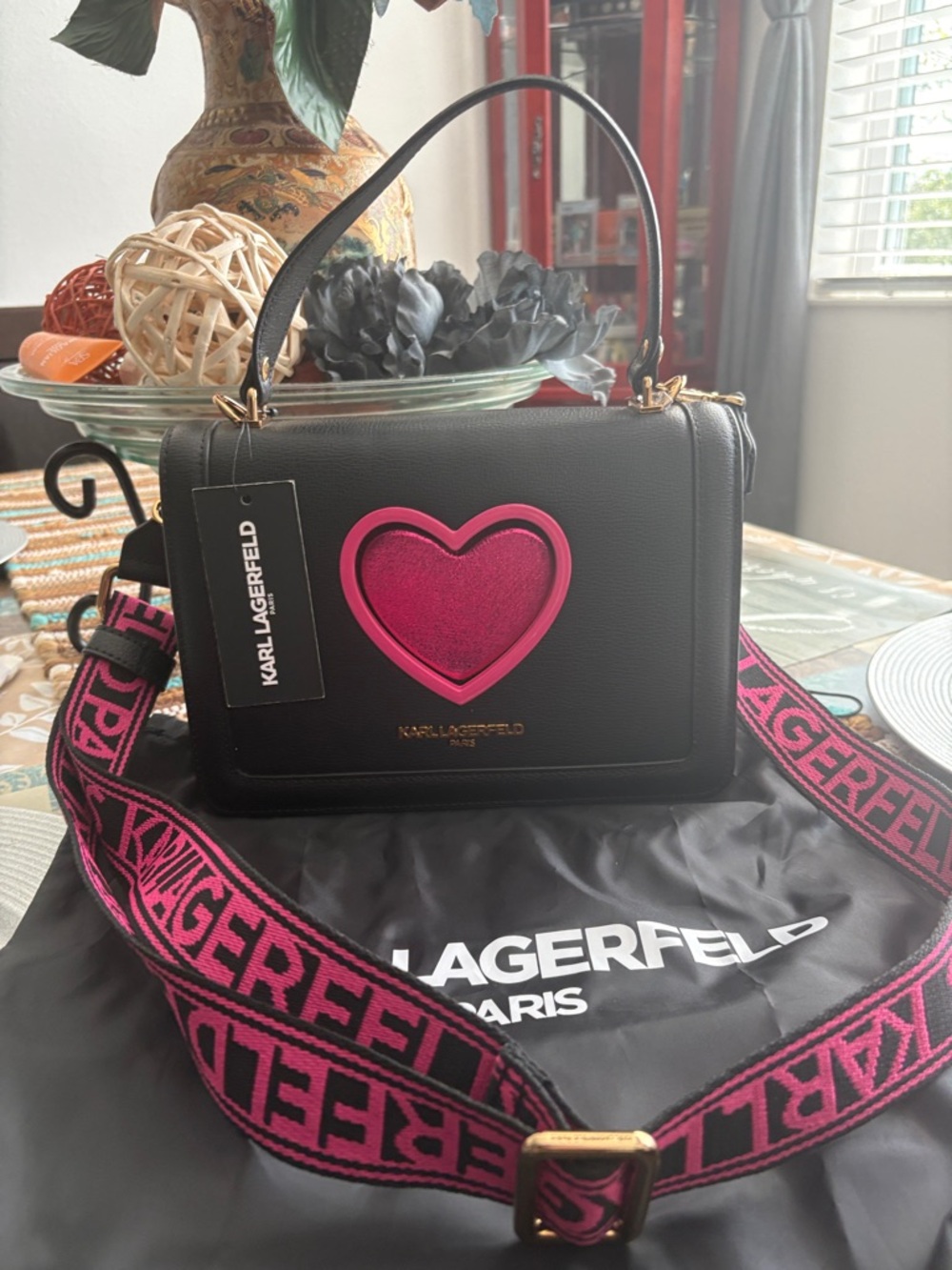 Karl Lagerfeld Black Shoulder Bag with Pink Heart and Branded Strap